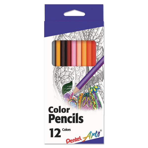 Pentel Color Pencils, 1.98 mm, H (#3), Assorted Lead/Barrel Colors, 12PK CB8-12